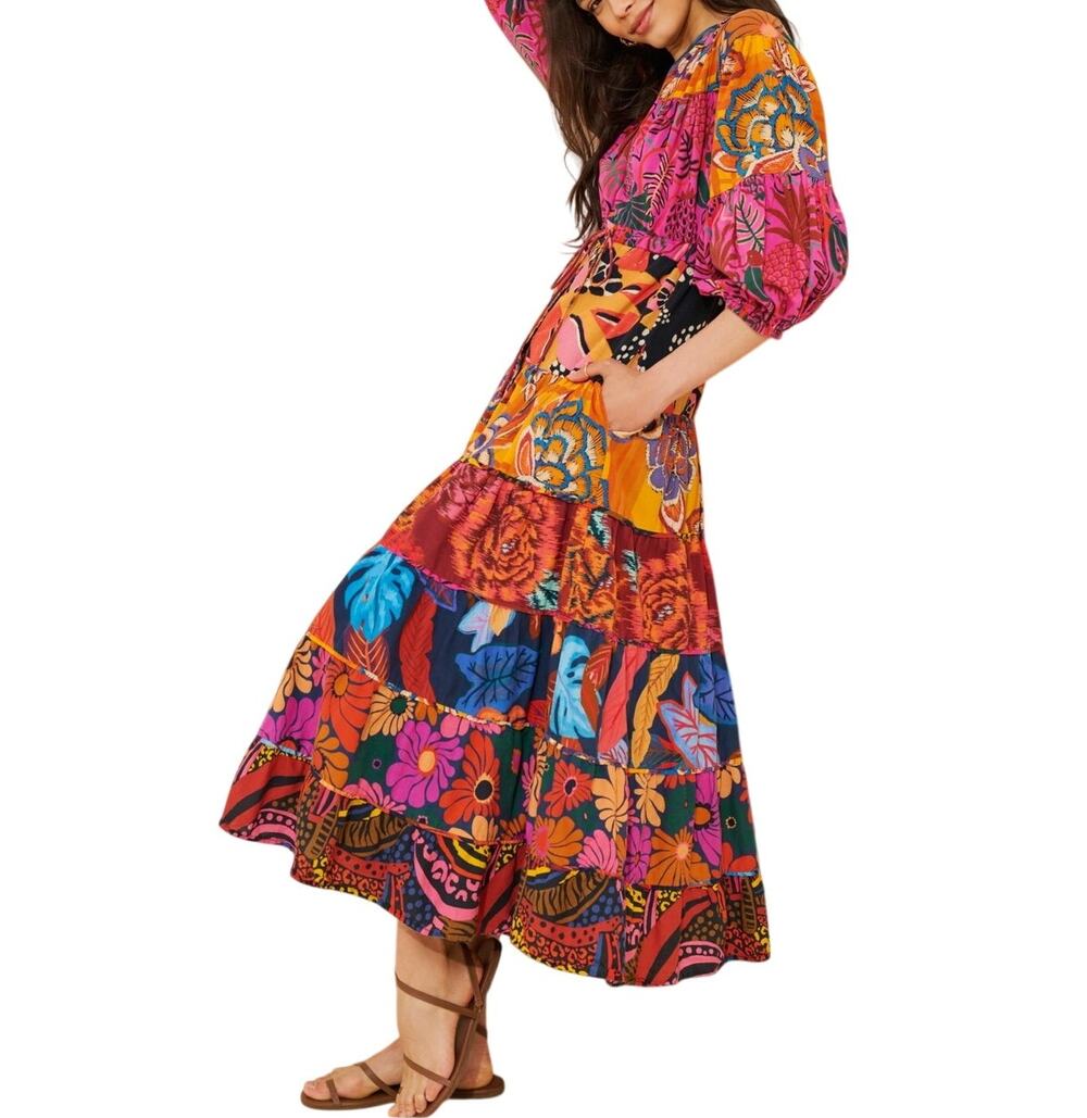 Farm Rio Button-Front Puff Sleeve Maxi Dress Floral Boho Size Small Petite